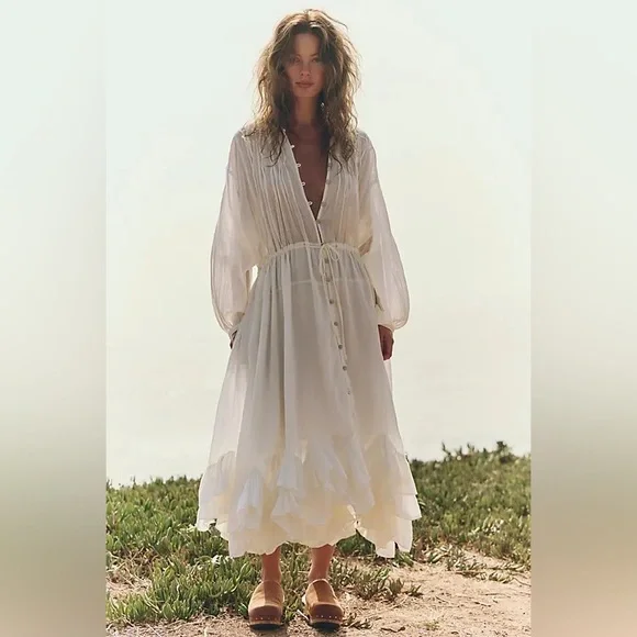 knee length dresses for ladies Free People Midi Dress Lilah White Pleated Cotton Size Extra Small   Celebrity Owned